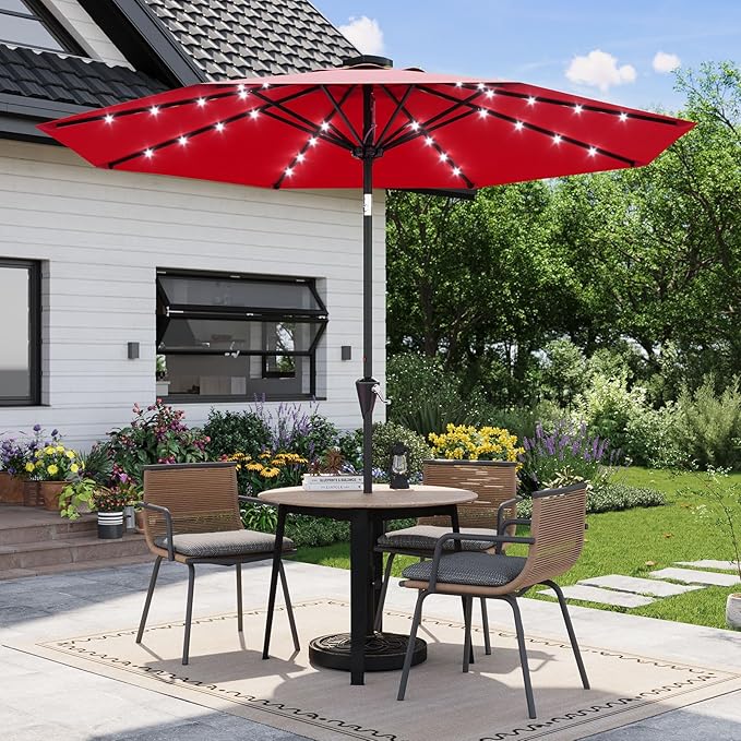 Garvee 10FT Solar Patio Umbrella with 32 LED Lights - Outdoor Table Umbrella with Crank Lift, Push Button Tilt and 8 Sturdy Ribs - Market Umbrella UV Protection for Pool, Deck, Yard, Garden -Red