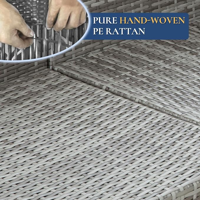FHFO 14 Piece Outdoor Wicker Patio Furniture Set, Grey/Blue | Sectional Sofa | All-Weather Hand-Woven Rattan | Tempered Glass Coffee Table | Free Combination | Indoor & Outdoor Use