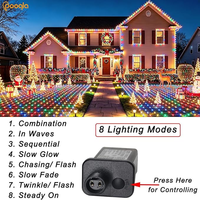 Pooqla Colorful Net Lights, 15x 5ft Christmas Lights Outdoor Clear Wire | 300 LED Large Net Mesh Lights Plug in, 8 Modes Waterproof Connectable Multicolor Bushes Lights for Christmas Hedge Yard Decor