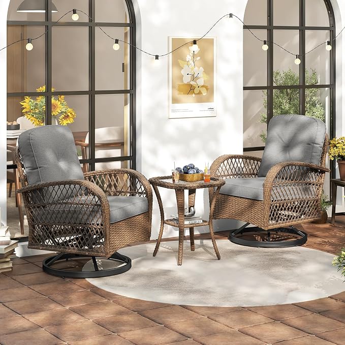 HAPPYGRILL 3 Pieces Outdoor Rattan Swivel Rocker Chairs Set with Tempered Glass Side Table, Outside Sectional Patio Conversation Furniture Set with Swivel Rocking Chairs for Deck Porch Garden (Grey)
