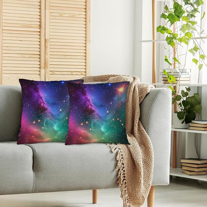 Swono Galaxy Space Throw Pillow Covers, Cosmic Universe Outer Space Nebula Star Galaxy Set of 2 Cushion Case Pillow Cover for Bed Sofa Couch Square Throw Pillowcases for Men Women 18x18 Inch