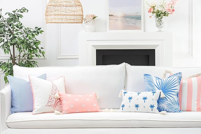 Hofdeco Premium Coastal Patio Indoor Outdoor Pillow Cover Only, 20"x20" Water Repellent for Backyard, Couch, Cornflower Blue Embroidered Coconut Tree Tassel