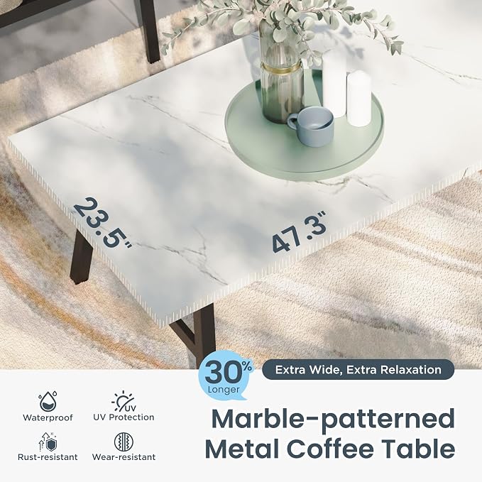 PHI VILLA 6 Piece Patio Furniture Sets with 1 x 3 Seater Padded Deep Seating Bench, 4 x Leg Cushioned Sofa Chairs and 1 x Coffee Table, Outdoor Conversation Metal Furniture Set for 7
