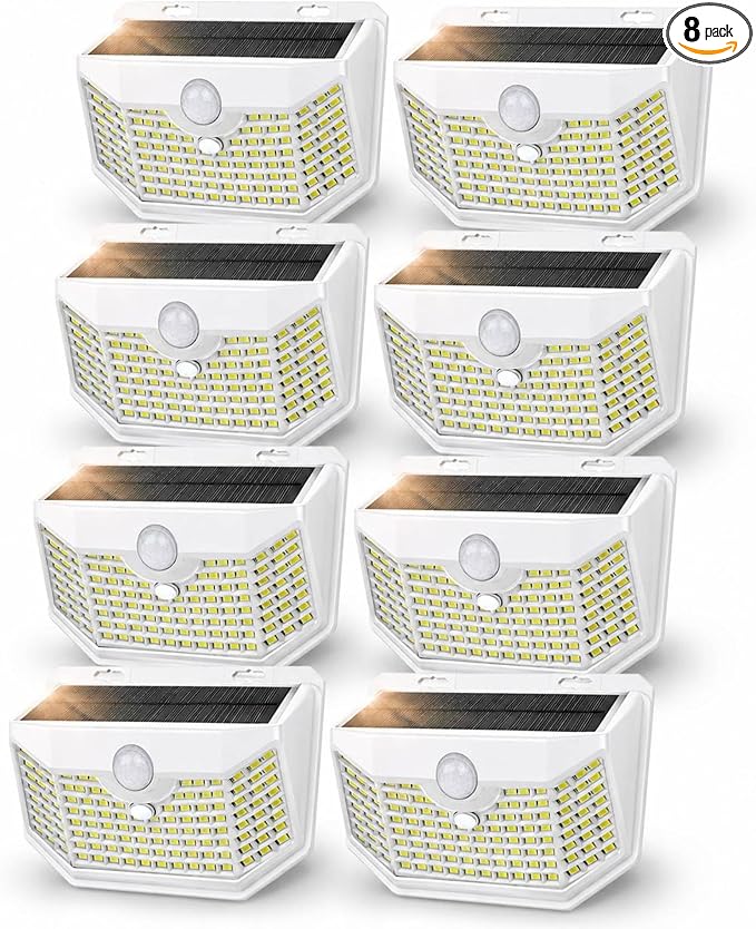 HMCITY 120 LED Solar Lights Outdoor with Motion Sensor and 3 Lighting Modes, IP65 Waterproof Wide Solar Wall Lights Ideal for Garden Patio Yard (Front Button 8Packs, White Shell-Daylight White)