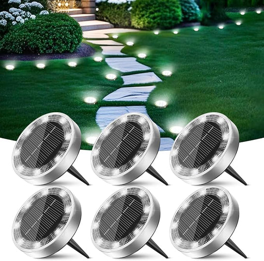 Solar Ground Lights Outdoor, 6 Pack Flat Solar Powered Disc Lights, IP68 Waterproof, Anti-Rust, Landscape Lighting for Pathway Garden Yard Lawn Walkway Landscape Driveway, Mini, Cool White