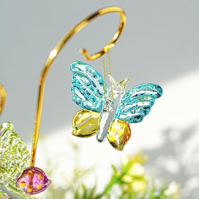 4 Pack Blown Glass Butterfly Decorative Garden Stakes | Colorful Butterflies With 13.5'' Tall Gold Plant Trellis for Indoor Outdoor Lawn Porch Pathway Patio Plant Potted Flower Bed