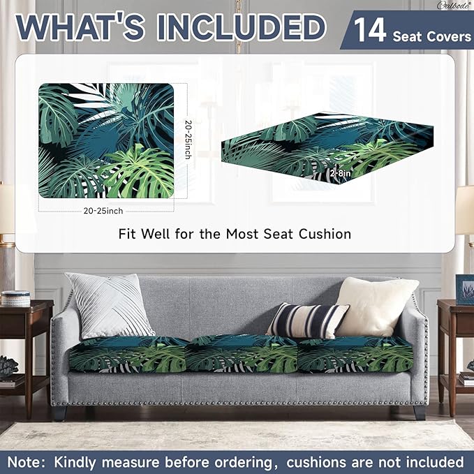 CALBODE 14 Pcs Stretch Outdoor Seat Cushion Covers, Washable Chair Seat Cover for Patio Furniture Cushions Soft Indoor and Outdoor Couch Cover Replacement (Greenery, Cover Only)