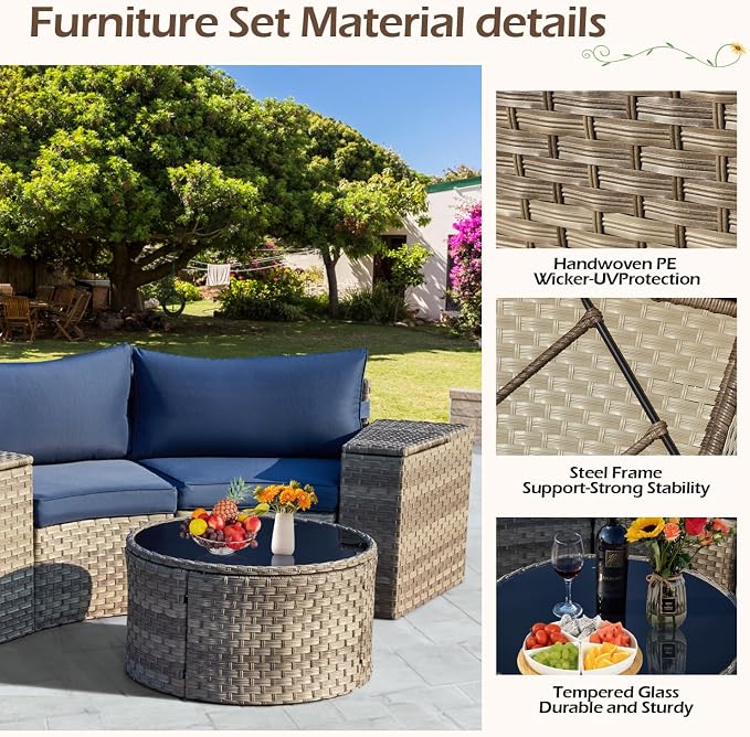 ECOTOUGE Outdoor Patio Furniture, 5 Piece Half-Moon Sectional Round Patio Set, Wicker Lazy Outdoor Sofa Set with Storage Side Table & Coffee Table for Pool Backyard Patio Garden(Blue)