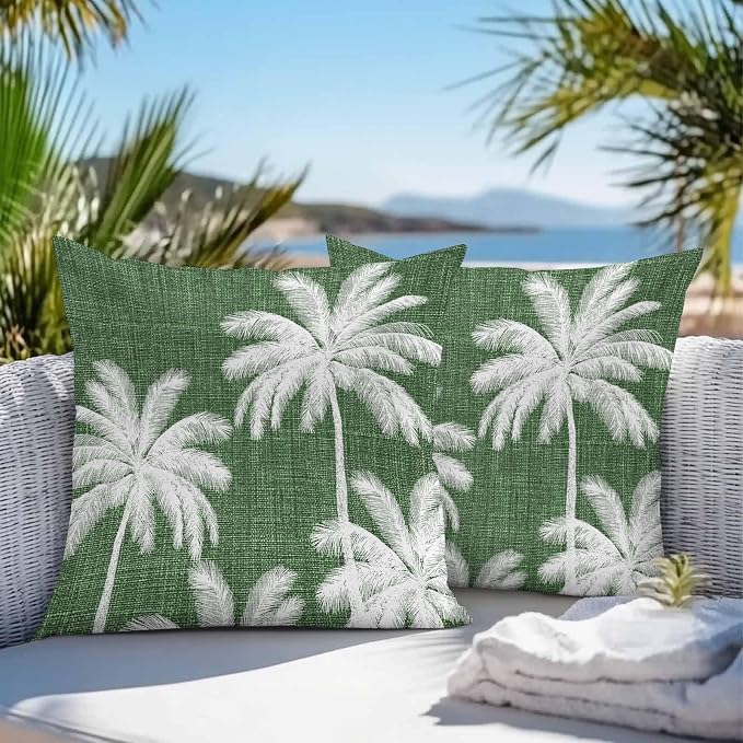 Outdoor Pillow Covers 16x16 Inch Set of 2, Dark Green Palm Trees Waterproof Throw Pillow Covers, Farmhouse Tropical Summer Beach Decorative Cushion Pillowcases for Couch, Sofa, Bed, Garden, Patio