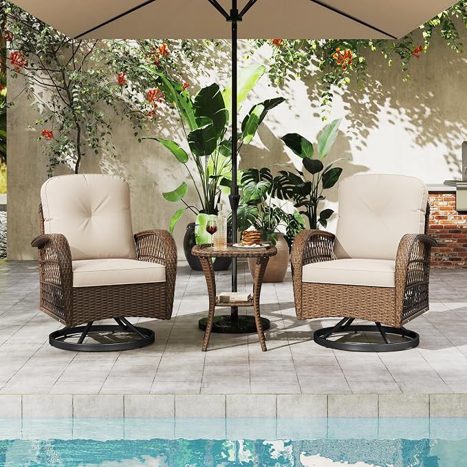 HAPPYGRILL 3 Pieces Patio Furniture Set Outdoor Rattan Swivel Rocker Chairs with Side Table, Outside Sectional Conversation Set with Swivel Rocking Chairs for Deck Porch Garden (White)