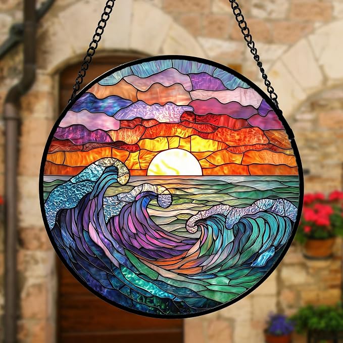 DASTOLL Stained Glass Window Hanging, Clouds and Sea Waves Suncatcher Diamond Glass Panel Hangings Scenery Sun Catchers Decor for Birthday for Women, Men, Wife, Aunt, and Mom 7.8 in