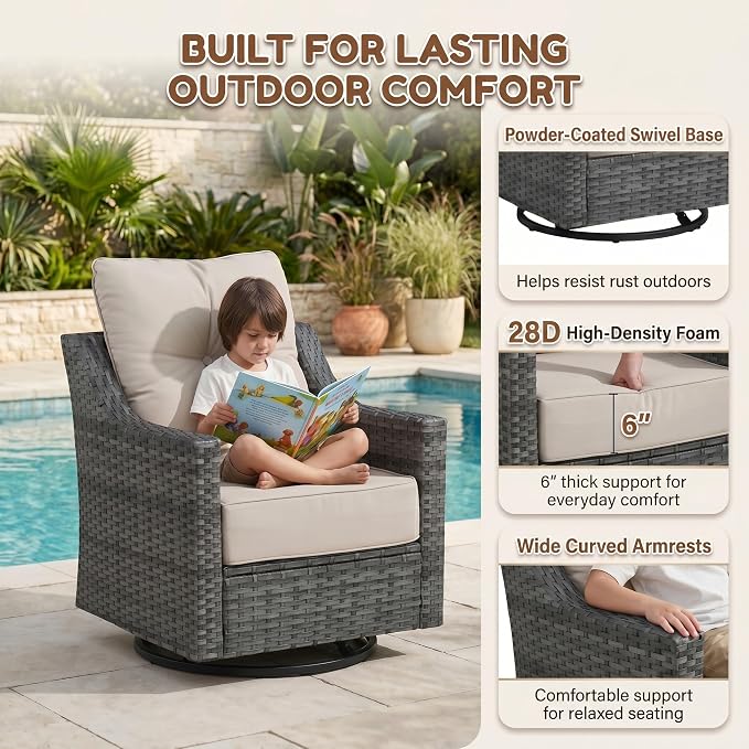 6-Piece Outdoor Patio Furniture Set, Grey Wicker Conversation Set with Sofa, 2 Swivel Chairs, 2 Ottomans and Rectangular 60,000 BTU Fire Pit Table, Beige Cushions