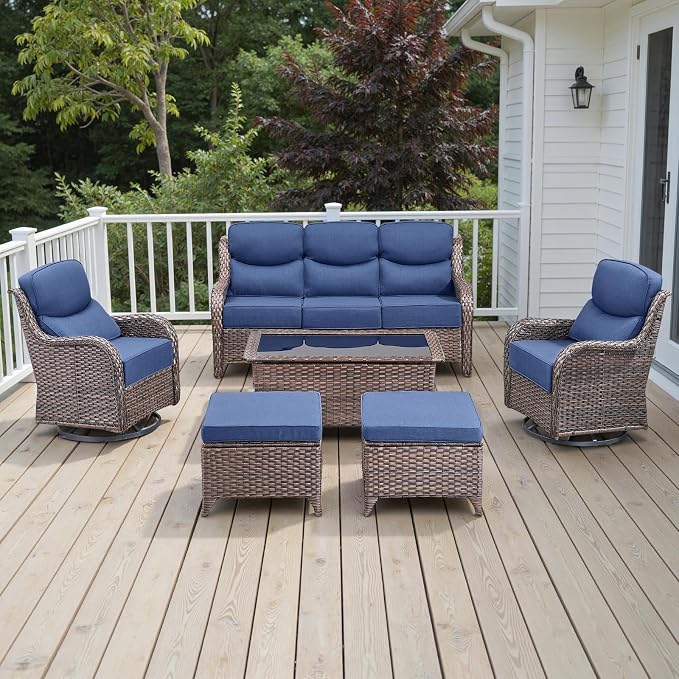 Rilyson Wicker Outdoor Patio Furniture Set - 6 Piece Patio Conversation Sets with Swivel Rocker Chairs, Ottomans, Sofa and Coffee Table, 6 inch Cushions, Deep Seating, for Porch Deck Brown/Blue