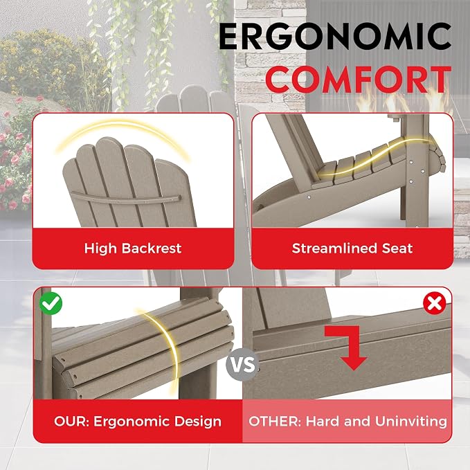 Costaelm Lakeview 2-Piece Outdoor Patio HDPE Adirondack Chair with Ottoman and Cup Holder Set, Weathered Wood