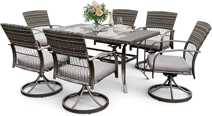 Pamapic 7 Piece Patio Dining Set for 6,Wicker Outdoor Furniture Set for Backyard Garden Deck Poolside with Iron Slats Table Top (Grey, 7 PCS Swivel Dining Set)