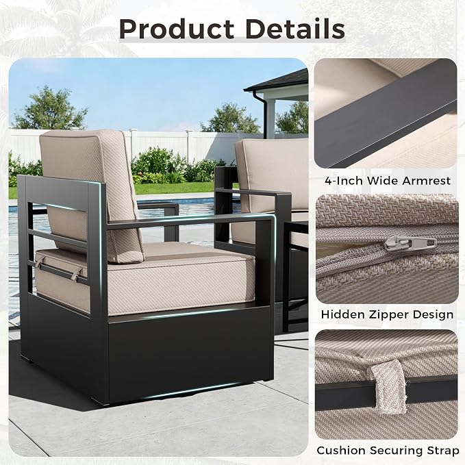 Outdoor Patio Furniture Set, 3-Piece Aluminum Patio Conversation Set All-Weather Metal Outdoor Sectional with 6 Inch Thick Cushions, Deep Setting for Garden, Outside and Porch, Beige