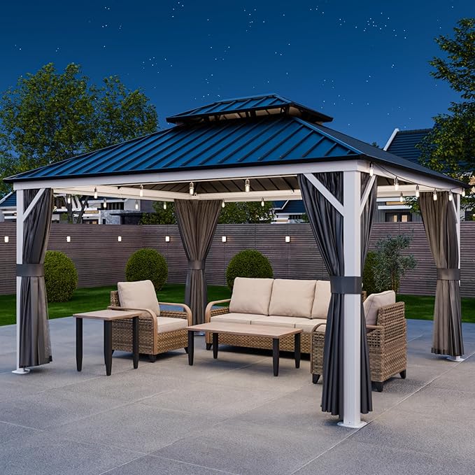 EAGLE PEAK 12x14 Hardtop Gazebo, Galvanized Steel Double Roof with Aluminum Frame, Outdoor Pavilion with Netting and Curtains for Patio, Deck, Lawn and Garden, White/Gray