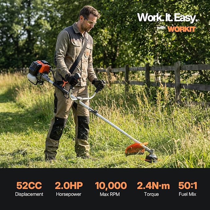WORKIT 52CC Gas Weed Eater 3-in-1 String Trimmer/Edger/Brush Cutter, 18" Cutting Path, 0.095" Dual Line with Auto Feed, Includes 3T & 40T Blades for Heavy-Duty Lawn Care