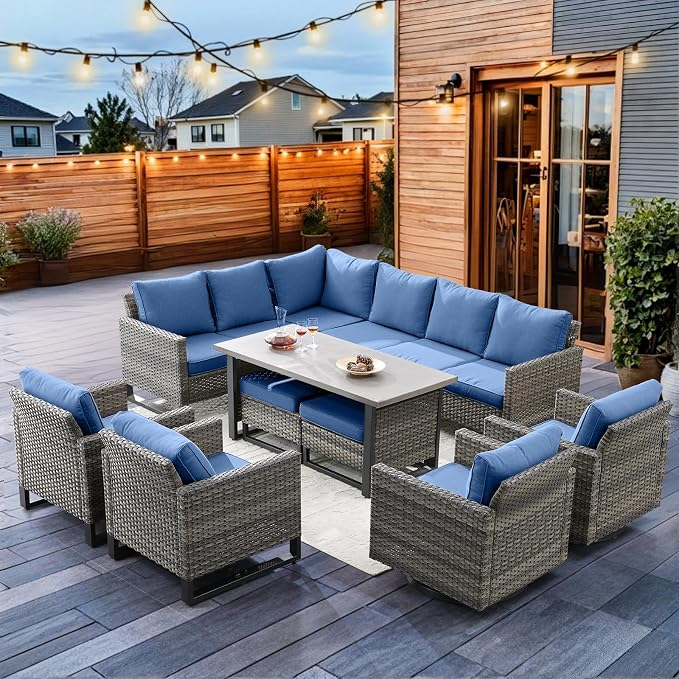 HUMMUH 9 Piece Patio Furniture PE Wicker 6-Seater Outdoor Sectional Sofa with Dinning Table Patio Swivel Chairs and Outdoor Chairs for Porch,Garden,Backyard,Deck