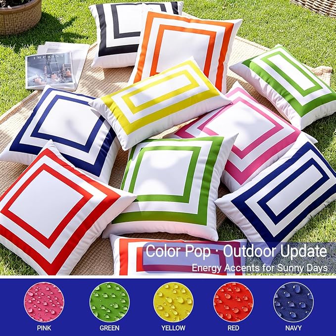 JOJOGOGO Navy Blue Outdoor Lumbar Pillow Covers Waterproof 12x20 Set of 2, Navy Decorative Outdoor Waterproof Sunburn Resistant Boho Bolster Pillows 12 x 20 for Patio Furniture Hammock (White Border)