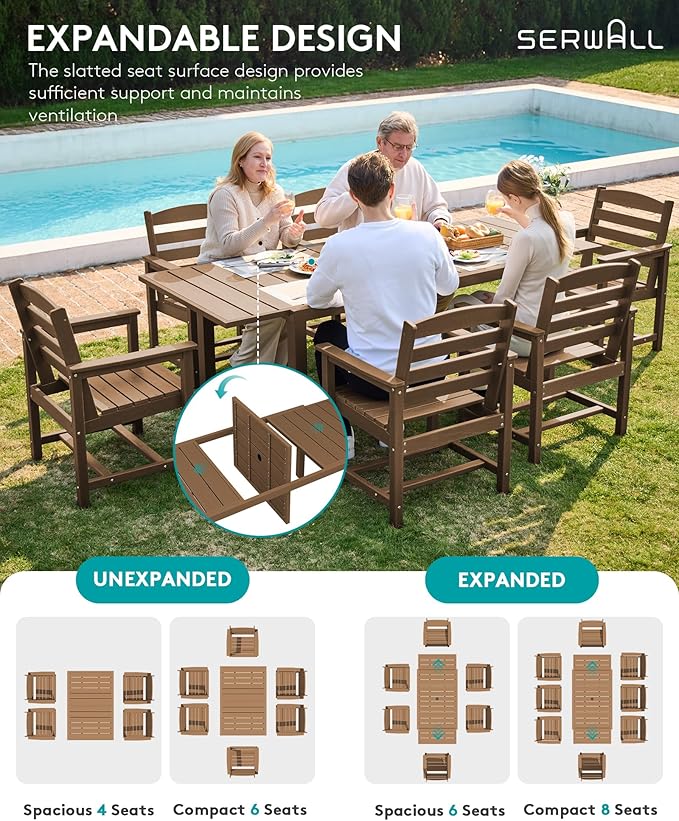 SERWALL 10-Piece Patio Dining Sets with 15FT Patio Umbrella, 60" - 83" Expandable Outdoor Dining Table and 8 HDPE Chairs, All Weather HDPE Outdoor Furniture Set (Umbreall Base not Included)