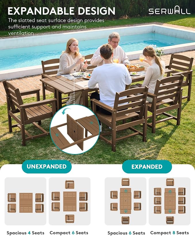 SERWALL HDPE and Aluminum Outdoor Dining Set for 8, Brown | 60" - 83" Expandable Outdoor Dining Table and 8 HDPE Chairs, All Weather Outdoor Furniture Set