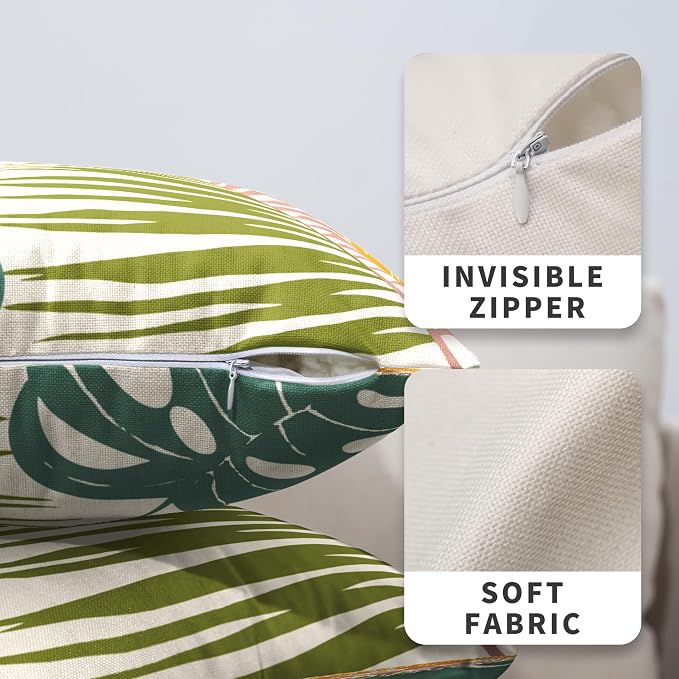 Set of 2 Summer Tropical Leaves Throw Pillow Covers Palm Banana Leaf Pillow Covers 18x18 Abstract Sun and Monstera Leaf Cushion Case for Sofa Patio Indoor Outdoor Decor