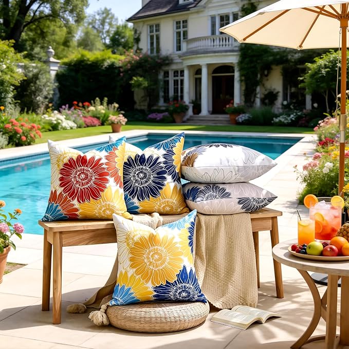 Outdoor Waterproof Pillow Covers Summer Floral Throw Pillow Covers 20x20 Decorative Square Yellow Blue Sunflower Garden Cushion Throw Pillowcase Set of 2 for Patio Furniture Garden Tent Balcony Bench