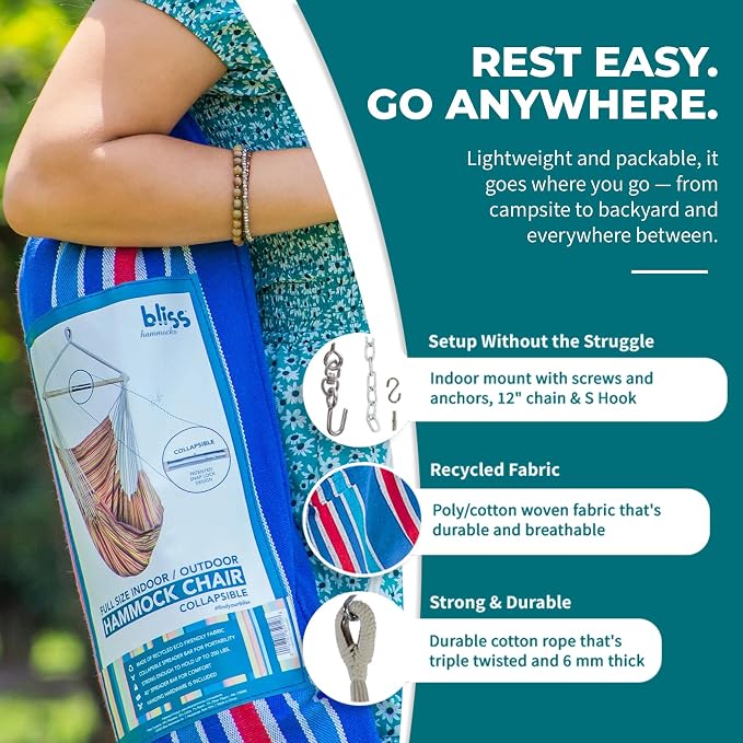 Bliss Hammocks WM-412F_2 Polyester Multi Color Hammock Chair with Collapsible Push-Pin Spreader Bar, Patriotic Stripe