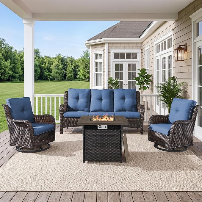 Belord 4 Piece Patio Wicker Furniture Set, Outdoor Swivel Rocker Chairs, All Weather Outdoor Patio Couch with Fire Pit Table for Deck Porch, Brown Wicker/Blue