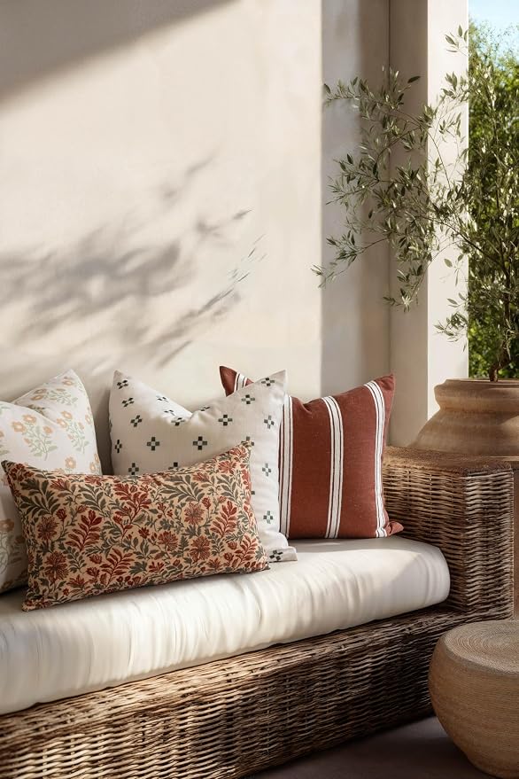 Modern Farmhouse California Casual Indoor Outdoor Lumbar Pillow Cover, 12"x20" Water Repellent for Patio, Backyard, Couch, Poolside, Rust Orange Print Sketch Botanical Flowers and Leaves