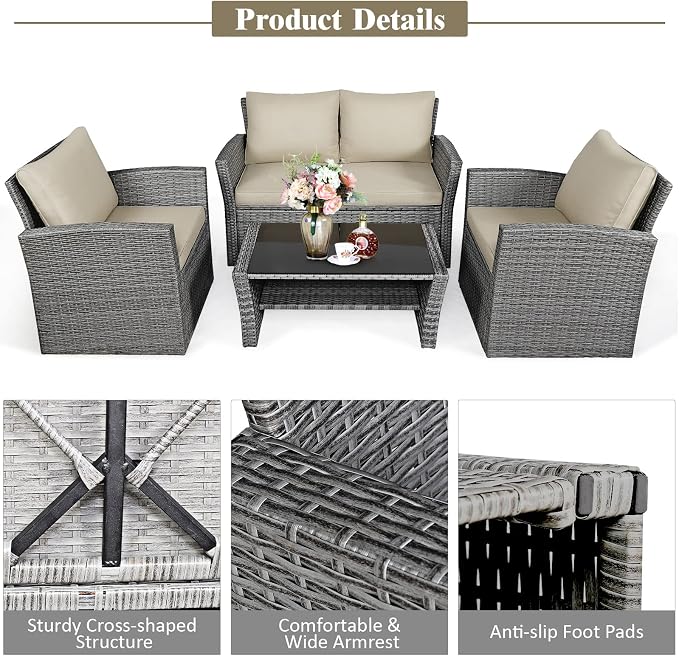 COSTWAY 4 Pieces Patio Rattan Furniture Set, Outdoor Wicker Sofa Set with Tempered Glass Coffee Table, Cushions, All Weather Rattan Conversation Set for Yard Balcony Backyard Pool (Khaki)