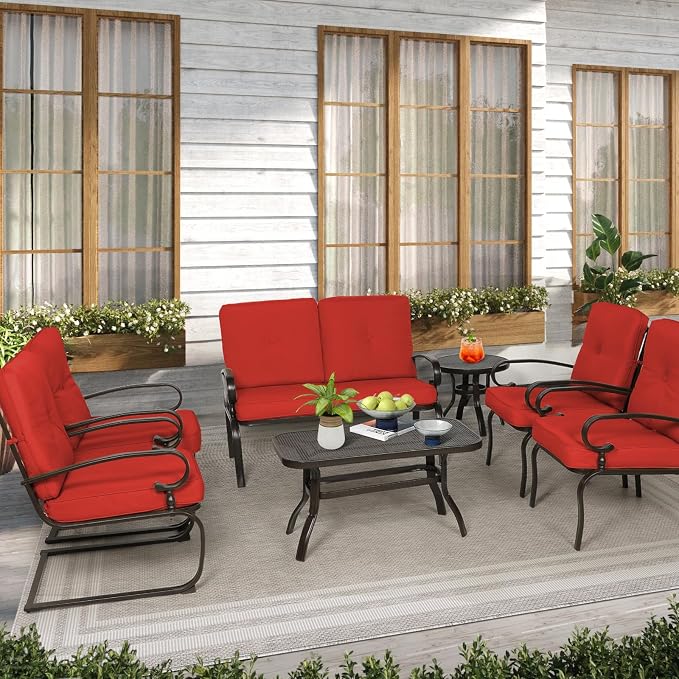 7-Piece Outdoor Metal Furniture Sets Patio Conversation Set, Wrought Iron Loveseat, 2 Dining Chairs, 2 Spring Chairs and Coffee Table, Red
