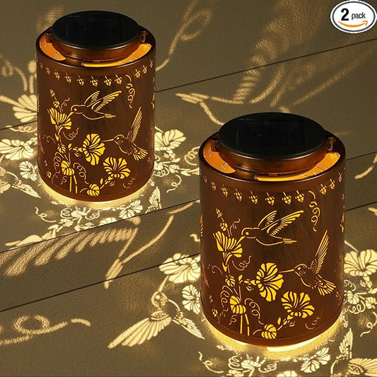 2 Pack Solar Lanterns Outdoor Waterproof Garden Decor Gifts for Women | Metal Hanging Solar Lights Decoration for Outside LED Lanterns for Yard Patio Birthday Gifts Mon Grandma （Hummingbirds）