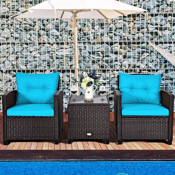 Modern Turquoise 3-Piece Wicker Patio Furniture Set with Water-Resistant Cushions & Tempered Glass Table