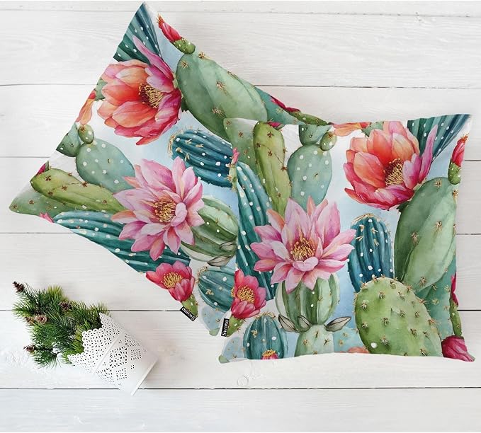 Swono Couch Pillow Cover Set of 2 Cactus, Tropical Cactus Floral Rose Decorative Throw Pillowcase Cushion Cover 18 X 18 Inch Throw Pillows Covers for Sofa Bedroom Car Living Room, Green Pink