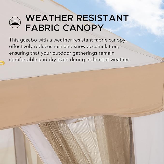 Sunjoy 10 x 10 ft. Soft Top Gazebo, Outdoor Patio Backyard Modern 2-Tier Steel Frame Gazebo with Mesh Netting - Grey & Khaki