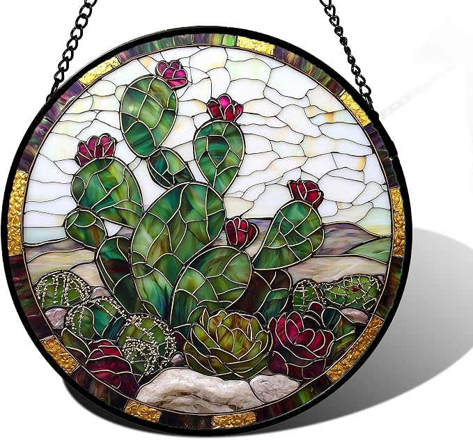 DASTOLL Stained Glass Window Hanging,Green Cactus Purple Flowers Suncatcher Diamond Glass Panel Sun Catchers Decor for Birthday for Women, Men, Wife, Aunt, and Mom 9.8 in