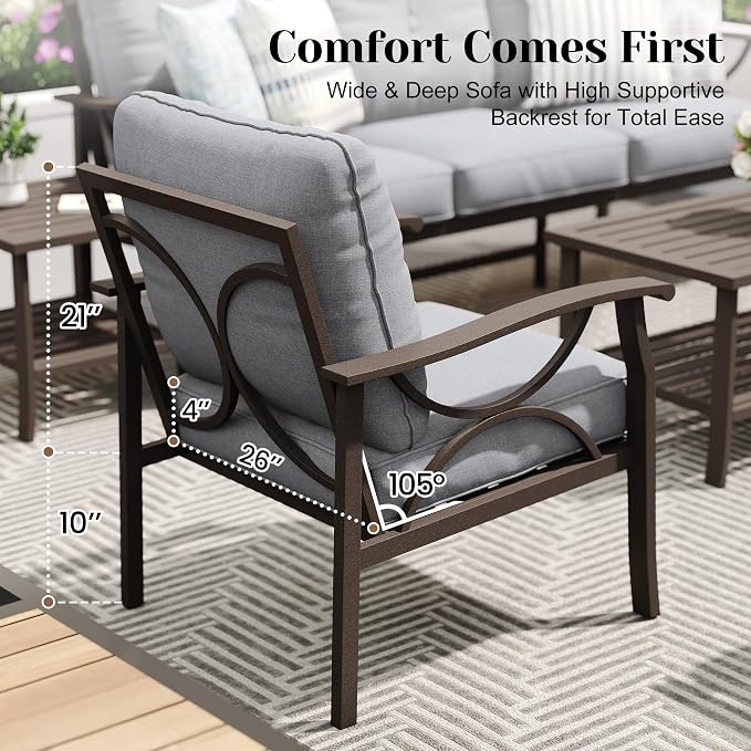 FansaFurn 5-Pieces Outdoor Patio Furniture Set, Outdoor Metal Sectional Furniture with Cushions, Outdoor Conversation Seating Set with Coffee Table for Garden, Balcony, Deck, Backyard, Grey
