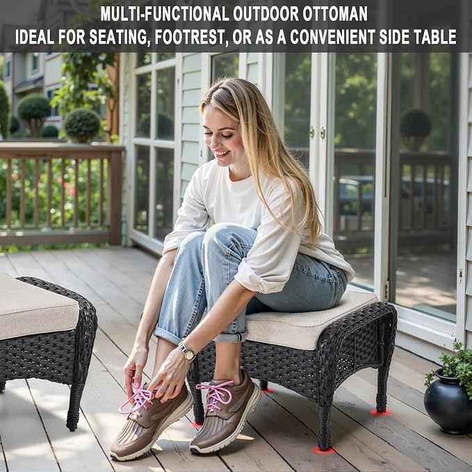Belord 5 Piece Swivel Rocker Glider Outdoor Chairs Set of 2 with Ottoman and Glass Side Table Patio Bistro Furniture Set, Comfort High Back Wicker Patio Conversation Set for Deck Porch Sunroom