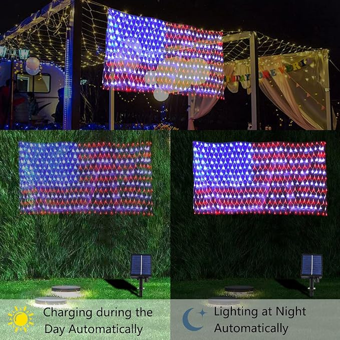 HYH Solar Powered American Flag Lights, 420 LEDs Net Light up Outdoor | Solar Flag Lights Super Bright Leds Waterproof USA Light for 4th of July Yard,Garden,Festival,Holiday,Independence Day Decor