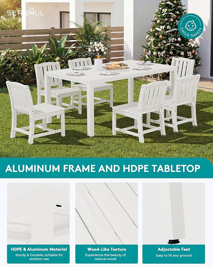 SERWALL 9-Piece Outdoor Dining Set, 60" - 83" Expandable Outdoor Dining Table and 8 HDPE Chairs, All Weather HDPE Outdoor Furniture Set for Backyard, Garden, White