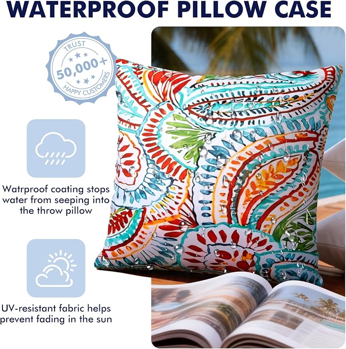 2 Pack Waterproof Outdoor Pillows, 18x18 Outdoor Throw Pillows | Patio Furniture Pillows, Fluffy Decorative Pillows, Waterproof &Fade Resistant, Removable & Washable, Paisley Multi Blue
