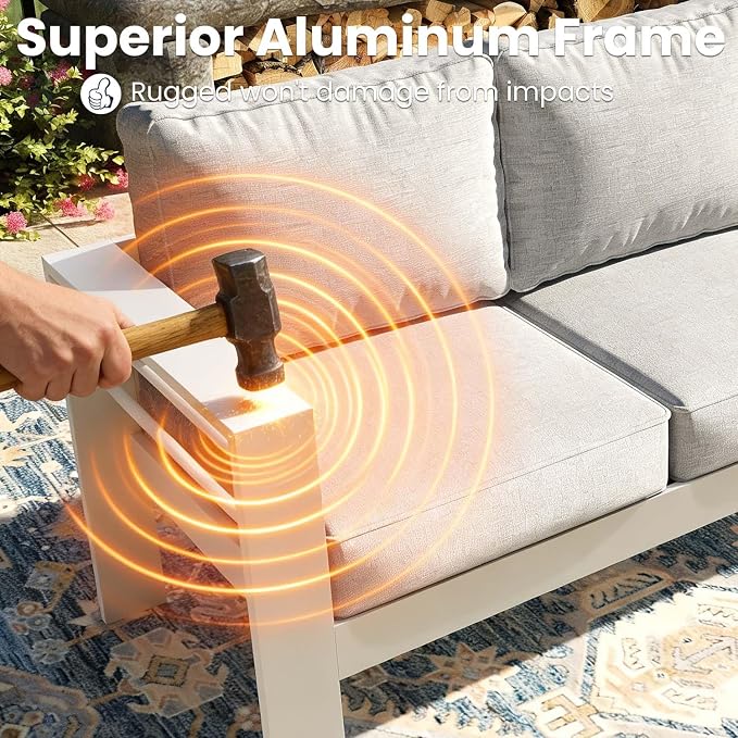 4 Pieces Modern Aluminum Patio Furniture Set, Outdoor Conversation Sets Metal Sectional Sofa with Coffee Table