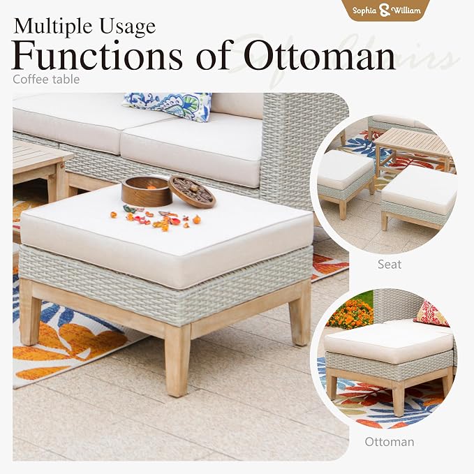 Sophia & William Patio Furniture Set, 5-Piece Wicker Patio Conversation Set, Rattan Outdoor Sectional Sofas with Ottomans & Wooden Coffee Table, Beige