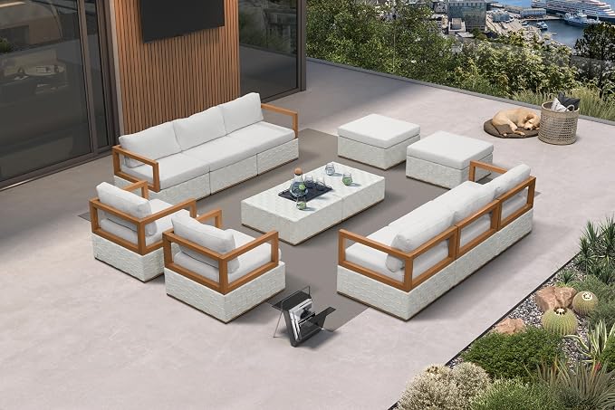 PURPLE LEAF Patio Outdoor Furniture Set 12 Pieces, Premium Leather Outdoor Couch Sectional Sofa, Modular Patio Conversation Sets with Olefin Cushions, Patio Couch for Porch, Balcony, Garden, White