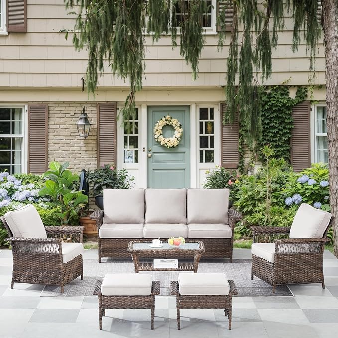 Patio Furniture Set 2 Wicker Patio Chairs 2 PE Rattan Ottomans with Beige Cushions Patio PE Rattan Sofa and Coffee Table Brown Wicker Patio Conversation Set 6pcs for Patio Backyard