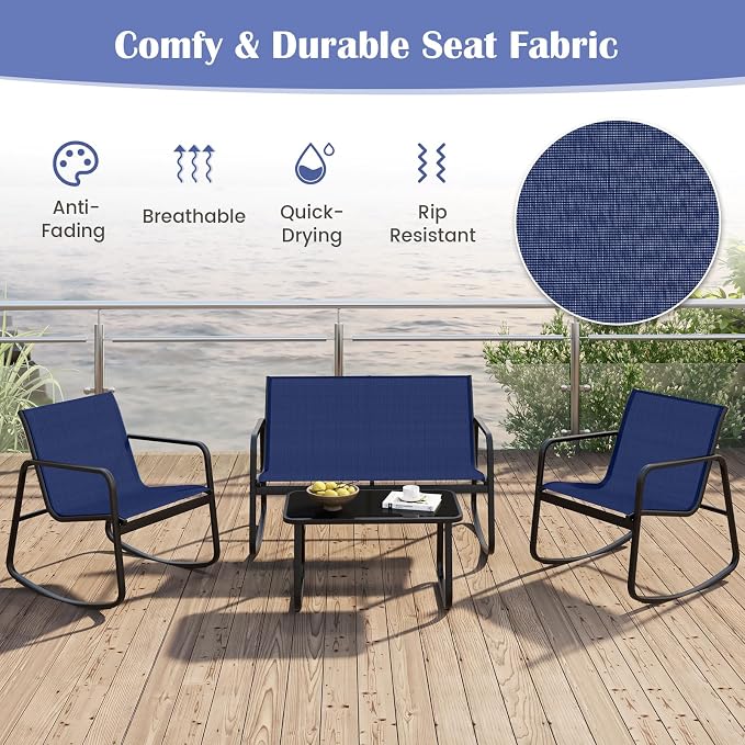 Tangkula 4 Piece Rocking Patio Furniture Set, 2 Rocking Chairs & Loveseat with Glass-Top Table, Patio Rocking Set with Smooth Rocking Motion, Outdoor Rocker Conversation Set for Porch, Yard (1, Navy)