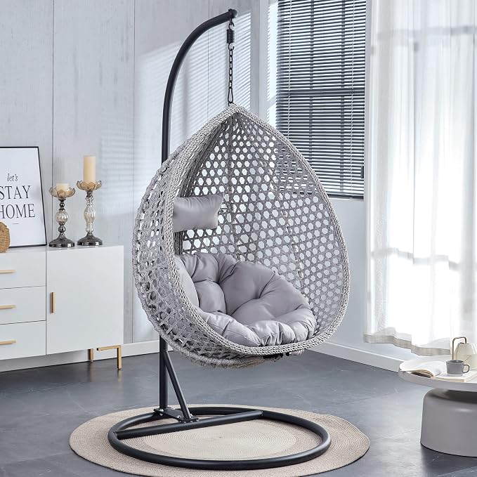 Hanging Egg Swing Chair with Stand, Rattan Wicker Hanging Egg Chair Hammock Indoor with Cushions, Swinging Chair for Bedroom Outdoor Patio Balcony Backyard Sunroom Heavy Duty 350LBS (Gray)