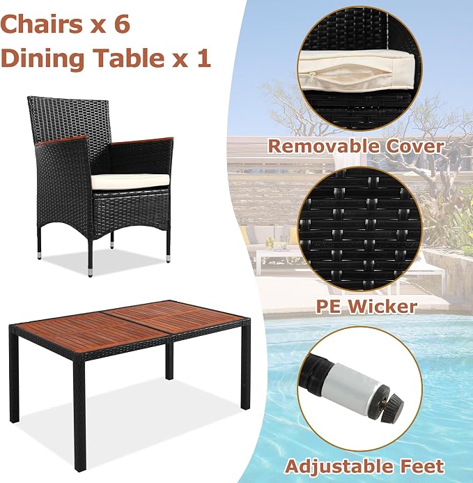 roomfitters 7-Piece Outdoor Patio Dining Set, Garden PE Rattan Wicker Dining Table and Chairs Set, Acacia Wood Tabletop, Stackable Armrest Chairs with Cushions, Reddish-Brown